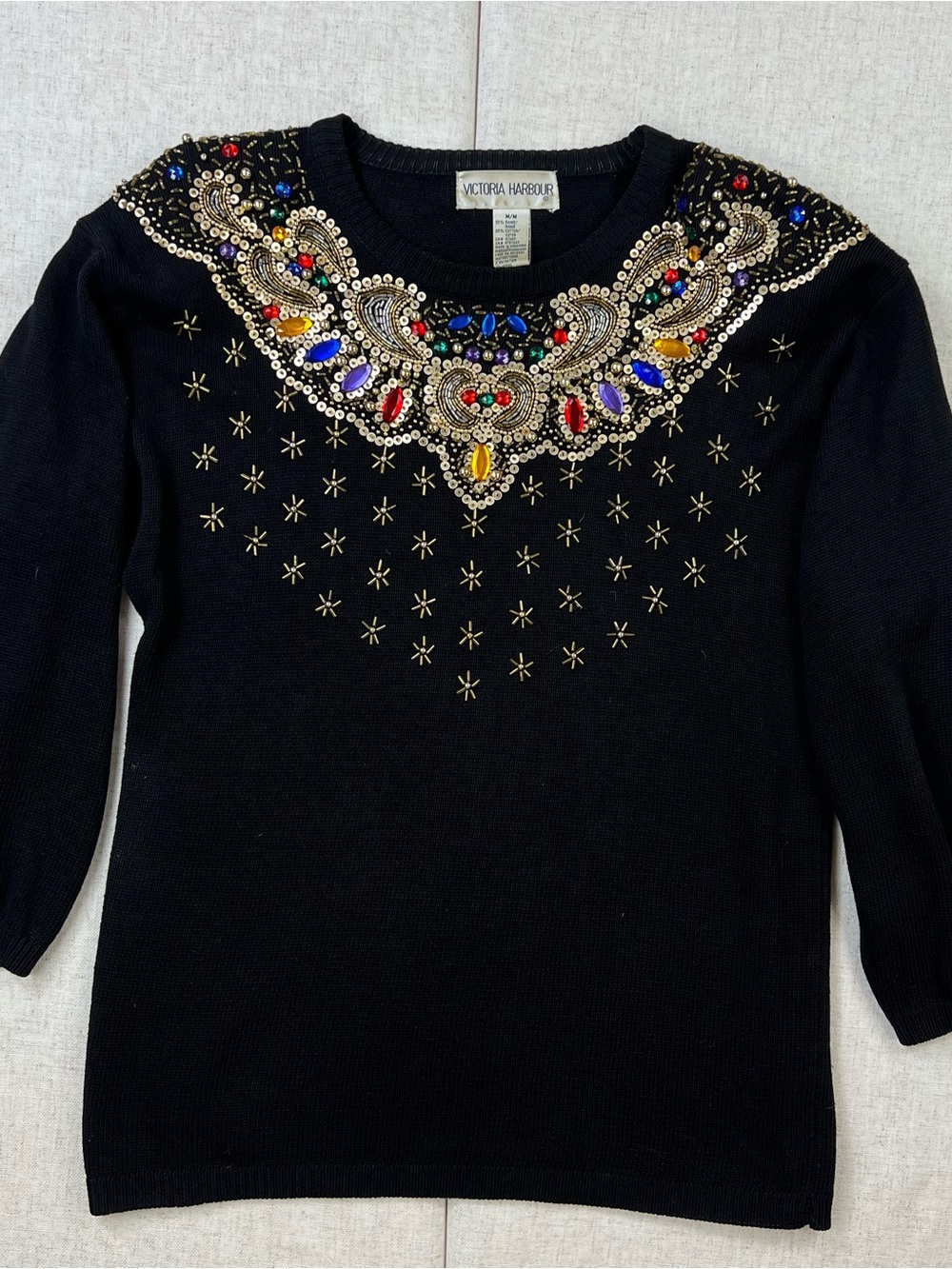 Vintage 80s Black Beaded Jewel Sequin Statement Sweater Party Holiday Knit M